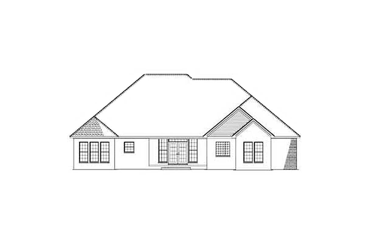 House plan exterior of a one-story home with a cross-gable roof, large central double doors, and multiple windows.