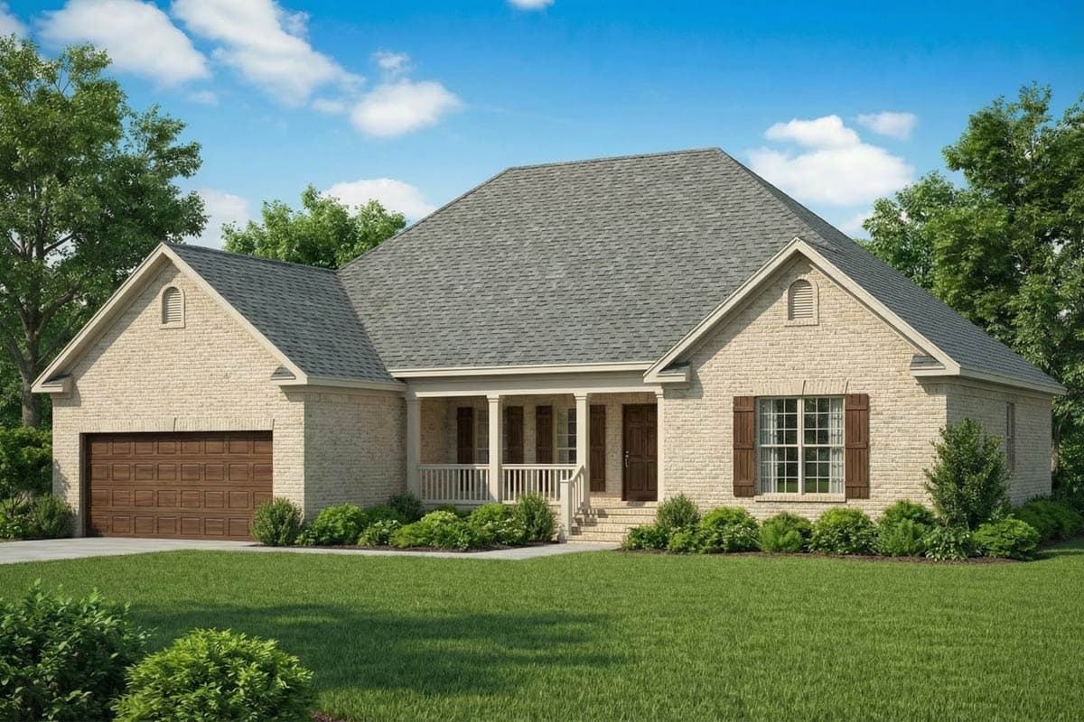 House plan exterior: One-story brick home with a covered front porch, gabled dormer over the garage, and arched gable vent.