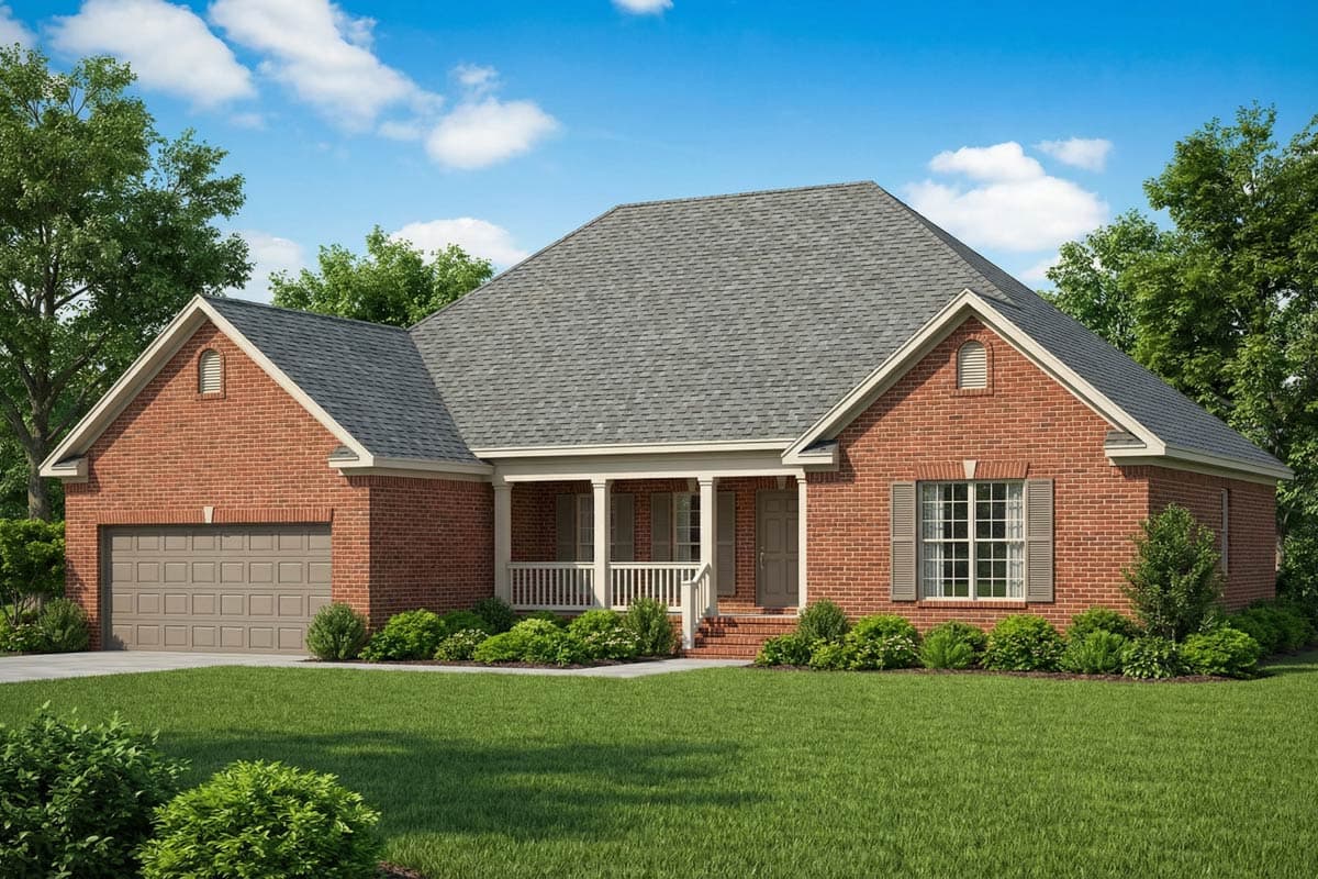 A brick house with a gray roof and a well-manicured lawn. The house has a garage, porch, and is surrounded by lush greenery under a blue sky.