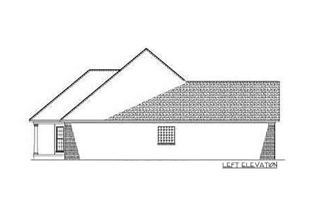 Left elevation drawing of a single-story house plan showing a gabled roof, covered porch, and window.