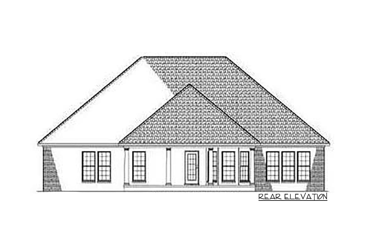 Rear elevation drawing of a one-story house with a covered porch, multiple windows, and a prominent roofline.