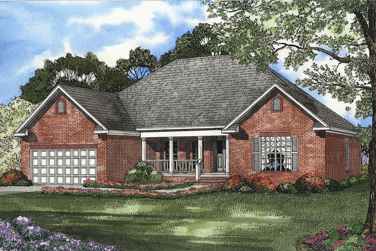 House plan exterior: one-story brick home with a covered front porch, gabled front entrance, and attached two-car garage.
