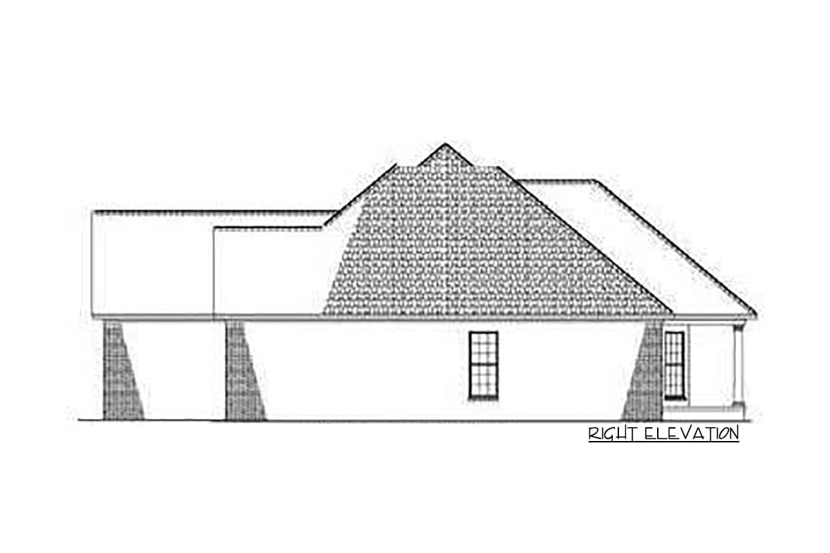 Right elevation drawing of a house plan featuring a prominent hipped roof and a single window.