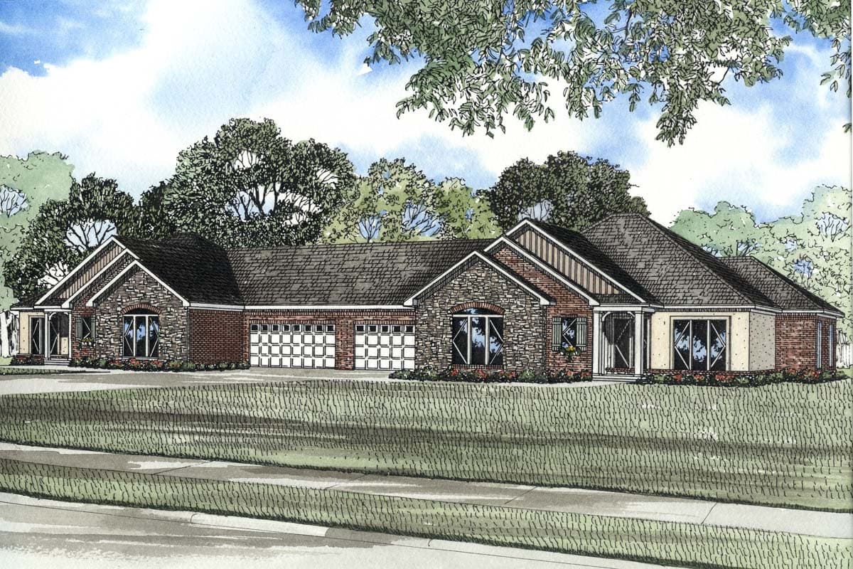 House plan exterior: Ranch style, brick and stone facade, five-car garage, multiple gables, and covered entry.
