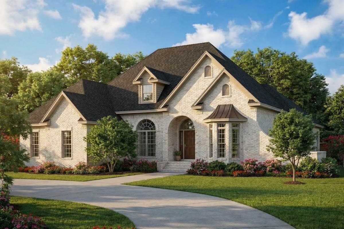 House plan exterior featuring white brick, arched windows, a dormer, and a bay window with a metal roof.