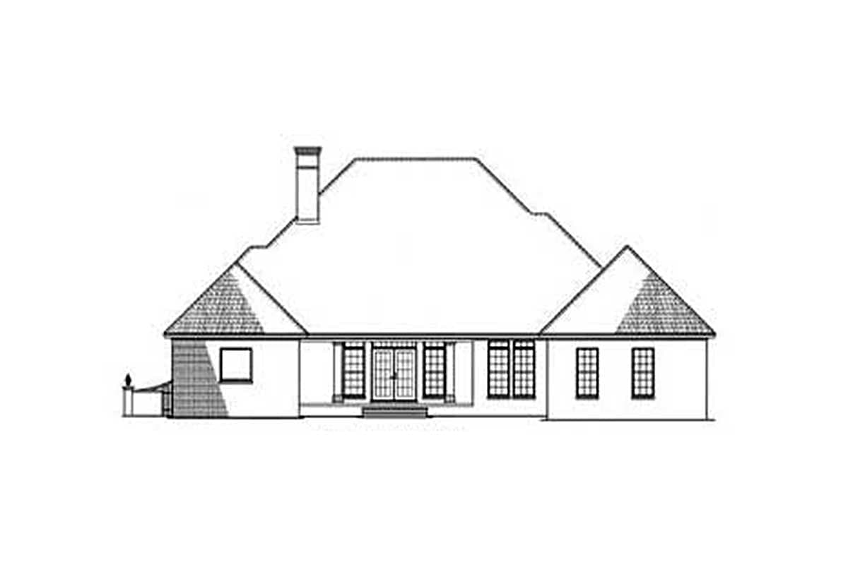 House plan exterior drawing of a one-story house with a prominent hip roof, central dormer, covered entryway, and multiple windows.