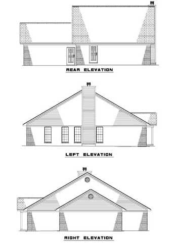 Rear, left, and right elevations of a house plan showing a gabled roof, brick foundation, and multiple windows.