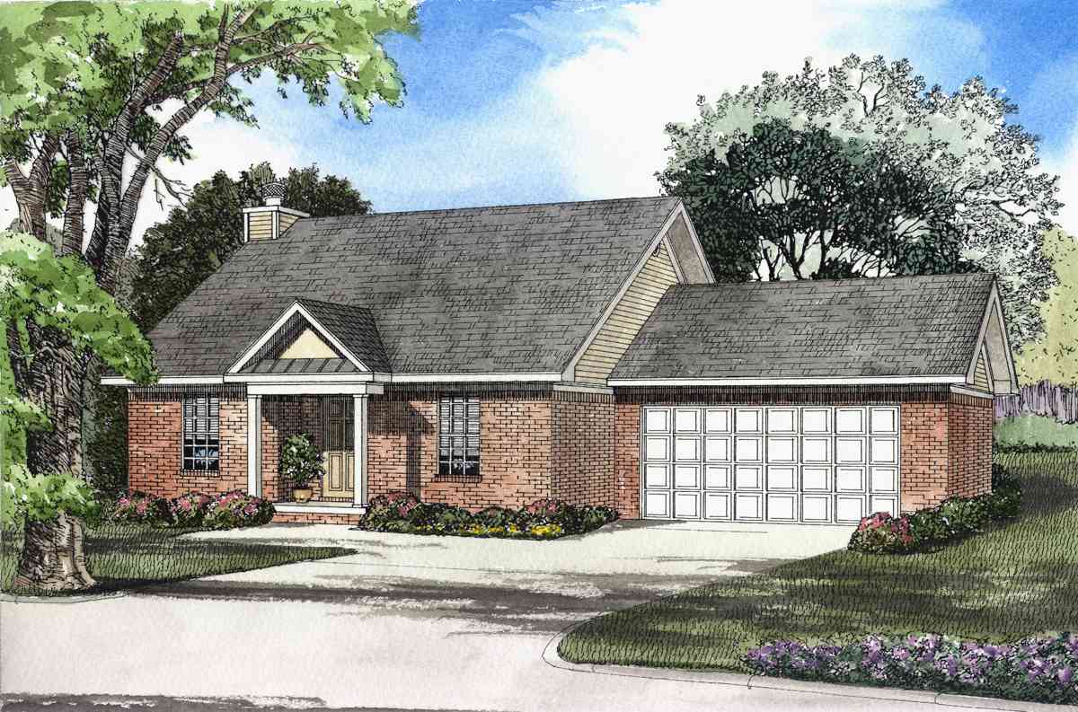 House plan exterior: Ranch-style home with brick facade, covered entry porch, and two-car garage.