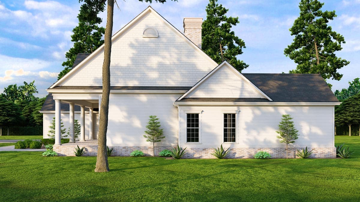 House plan exterior: Modern Farmhouse style, one story, with a covered porch supported by columns, prominent gables, and a brick foundation.