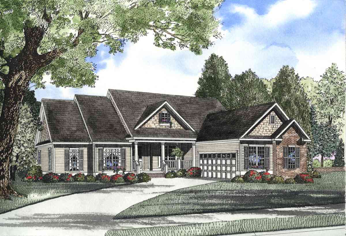 House plan exterior: Ranch style, single-story with a covered front porch, multiple gables, and a side-entry garage.