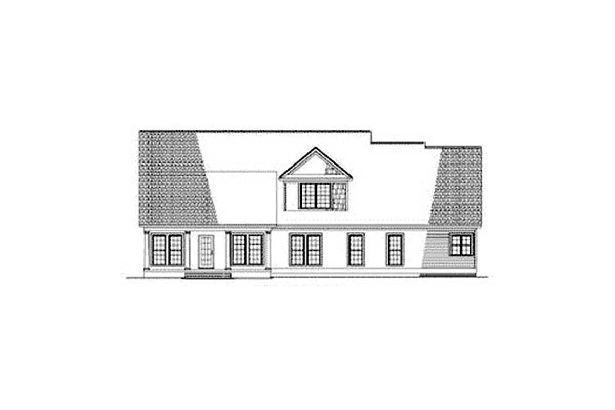 House plan exterior drawing showing a two-story structure with a central dormer, multiple windows, and a prominent roofline.