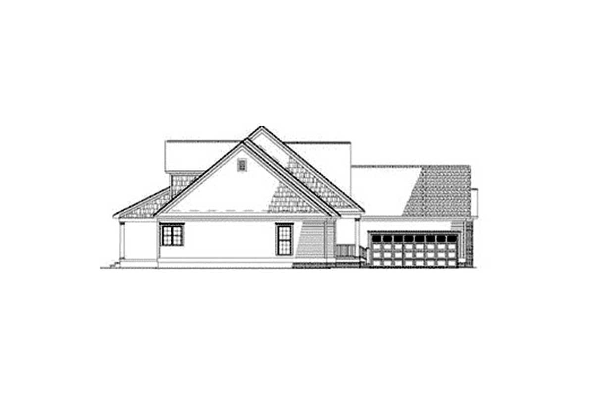 House plan side elevation showing a two-story home with gables, dormers, and a three-car garage.