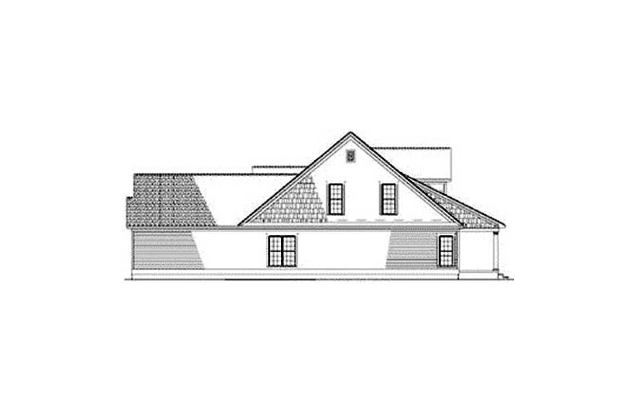 House plan elevation drawing showing a side view with multiple gables, dormers, and a pitched roof.