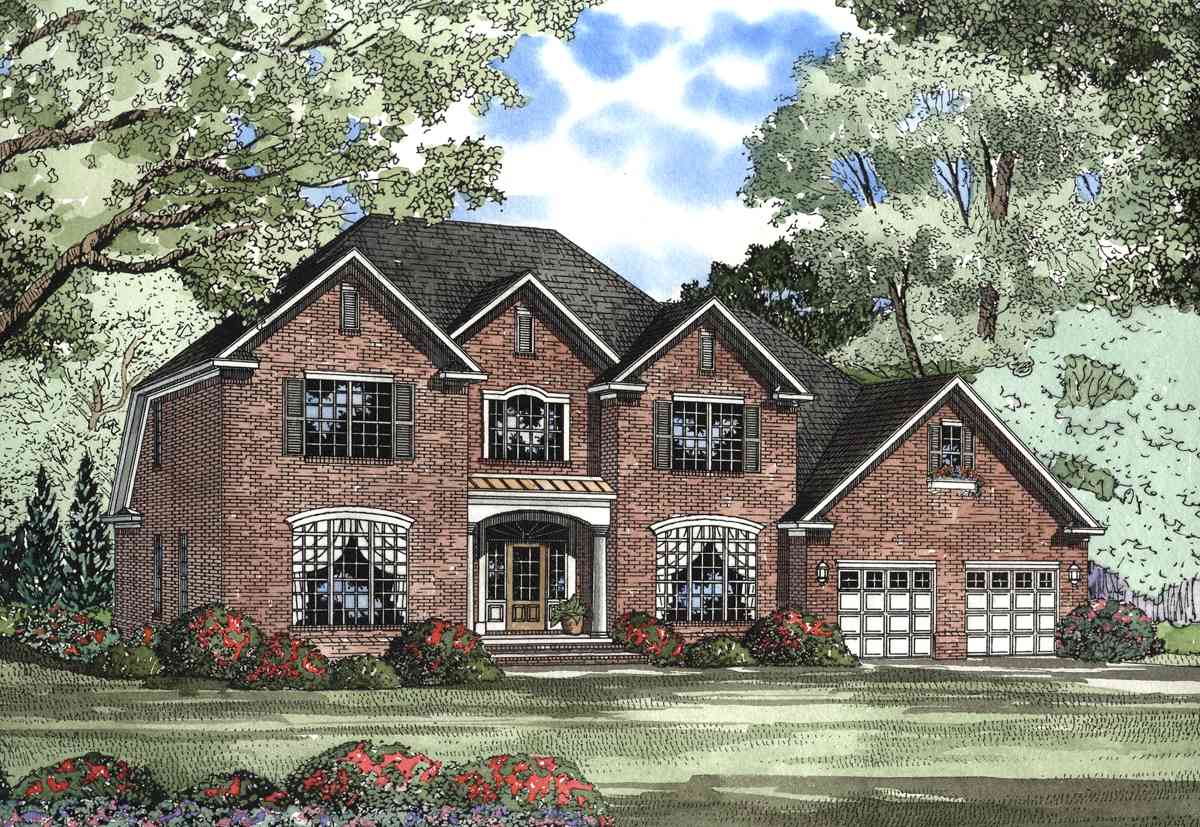 House plan exterior: Two-story brick home with a central arched entrance, multiple gables, dormers, and a side-facing three-car garage.