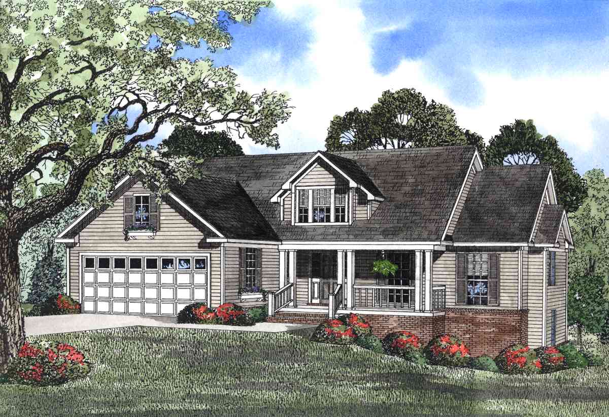 House plan exterior: Ranch style, 1.5 stories, with attached garage, front porch with columns, and dormer window.