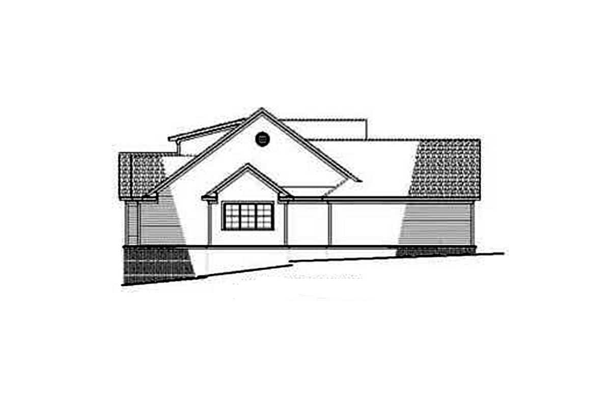House plan exterior drawing showing a one-story house with a prominent gable, a large grid window, and layered rooflines.
