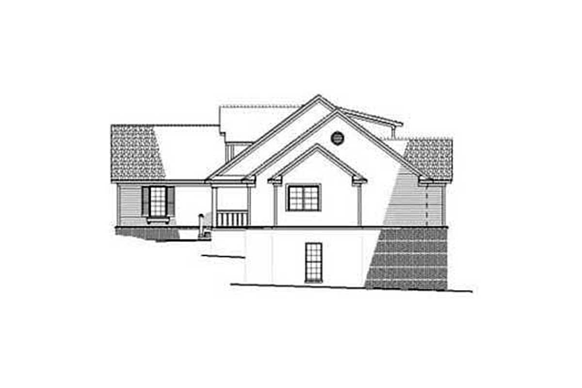 Architectural house plan exterior drawing showing a two-story home with a prominent gable, covered front porch, and dormer window.