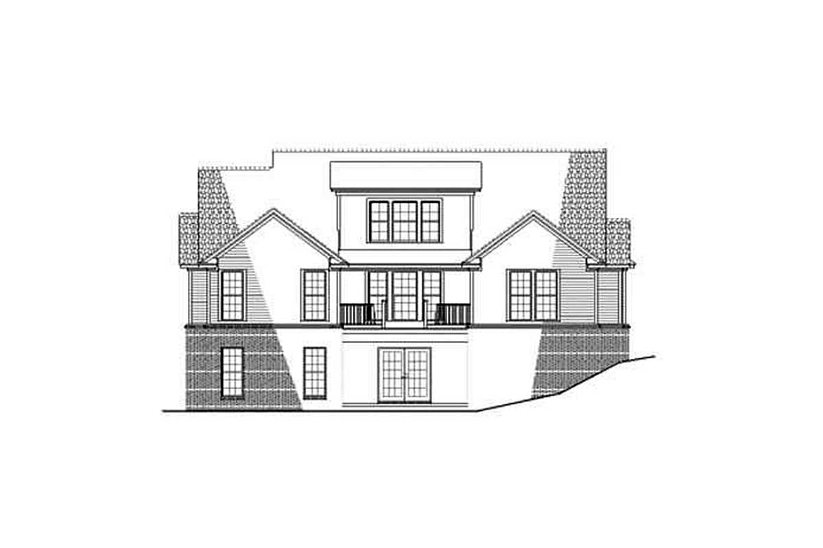 Architectural drawing of a two-story house plan with prominent gables, a central dormer, and a rear balcony.