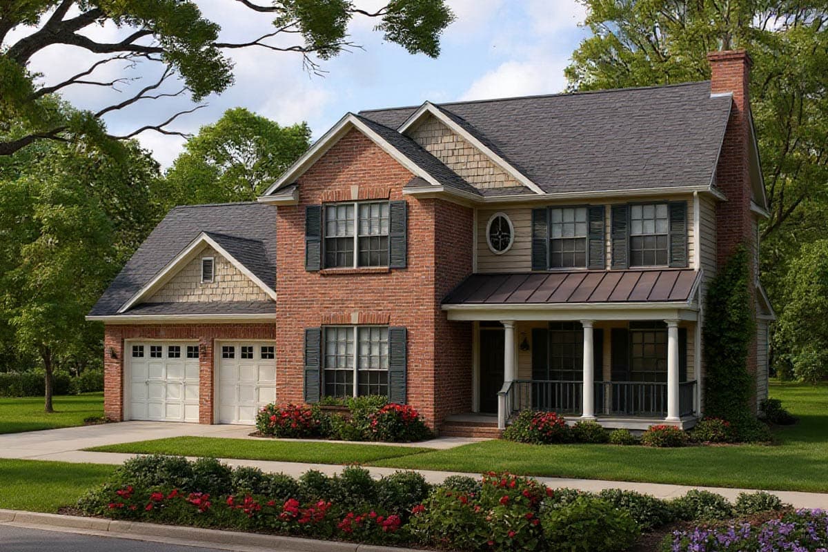 Two-story house plan exterior with brick facade, side-entry garage, prominent gable, and covered front porch with columns.