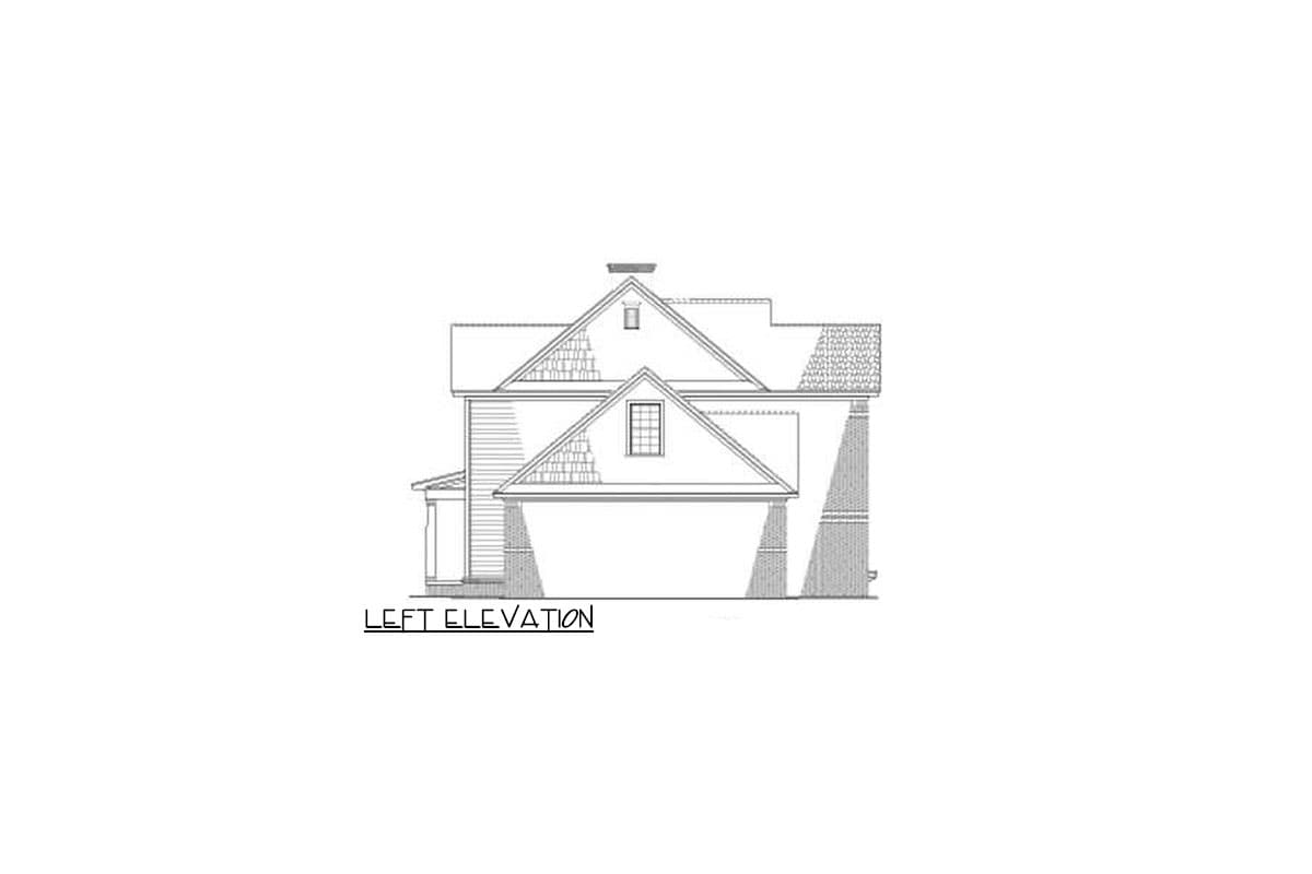 Left elevation drawing of a house plan featuring a prominent gable, dormer window, and side entrance.