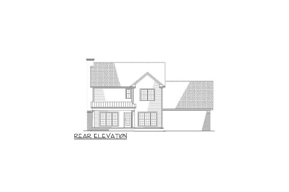 Rear elevation drawing of a two-story house plan with a central gable, second-story balcony, and attached garage.