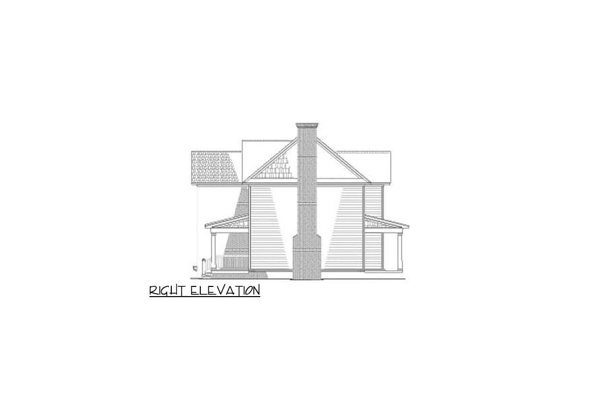 Right elevation drawing of a house plan featuring a prominent brick chimney, gabled rooflines, and covered porches.