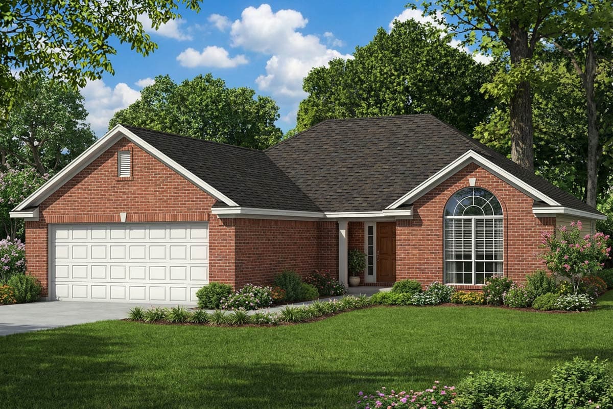A brick single-story house with a black roof, white trim, and a curved window. Lush green lawn and trees surround the home under a blue sky.