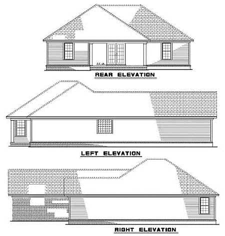 House plan rear, left, and right elevations showing a one-story structure with a gable roof and covered rear porch.