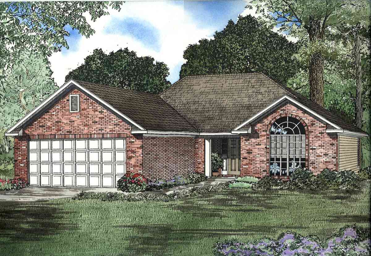 House plan exterior: Brick one-story home with side-entry garage, prominent gable with vent, and arched window.