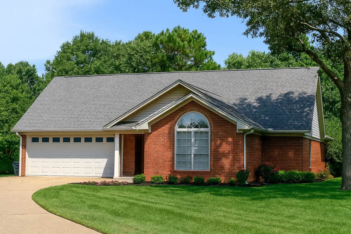 House plan exterior: Single-story brick home with a two-car front-facing garage, gable accents, and arched window.