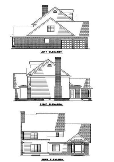 House plan elevations: left, right, and rear views showing a two-story home with gables, dormers, chimney, and garage.