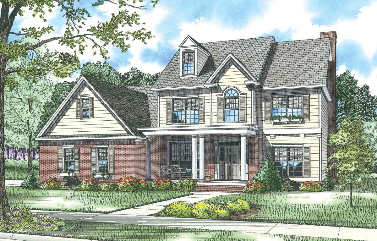 House plan exterior with a prominent front porch, dormer, brick accents, and multiple gables. Two stories.