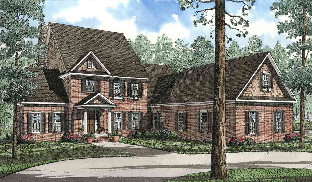 House plan exterior of a two-story brick home with a gabled roof, prominent chimney, and covered front porch.