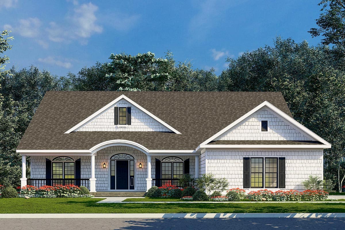 House plan exterior: one-story Modern Farmhouse with a covered entry porch, arched entryway, dual gables, and dormer windows.