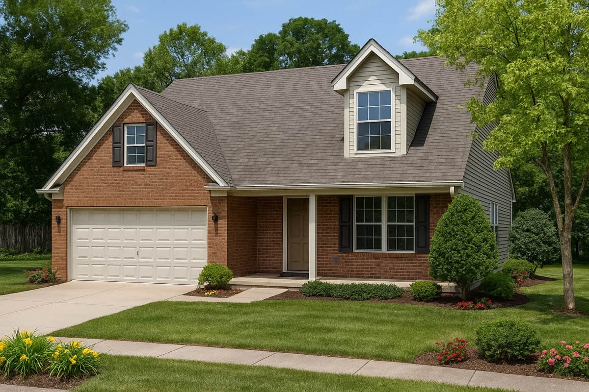 House plan exterior. Two-story home with a brick facade and gabled roof. Features include a front-facing garage and a dormer.