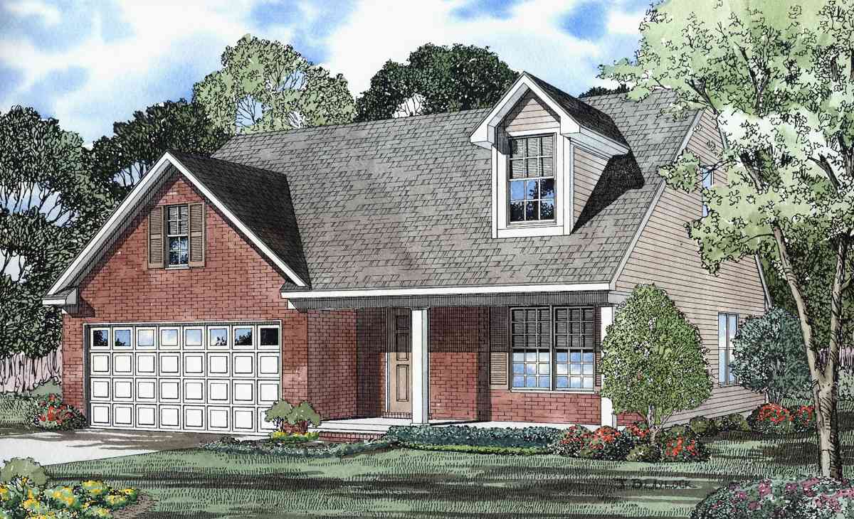 House plan exterior rendering of a two-story home with brick facade, side-entry garage, gabled dormer, and covered porch.