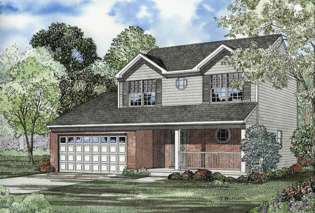 House plan exterior: two-story home with front-facing garage, gabled dormers, covered porch, and brick base.