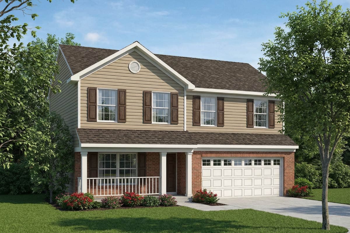 House plan exterior. Two-story Colonial with a front porch, gables, and an attached garage. Features brick and siding exterior.