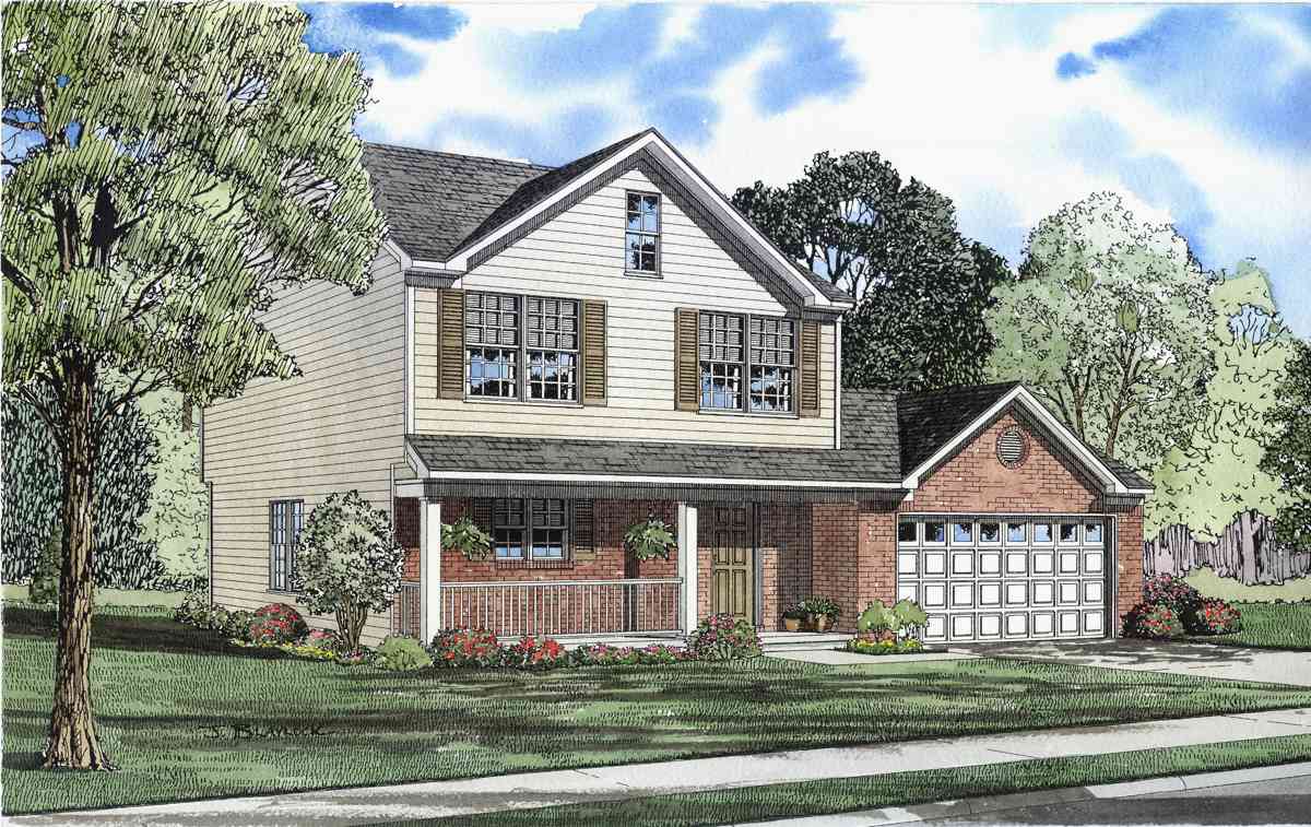 Two-story house plan exterior with a front porch, gables, and a side-entry garage.