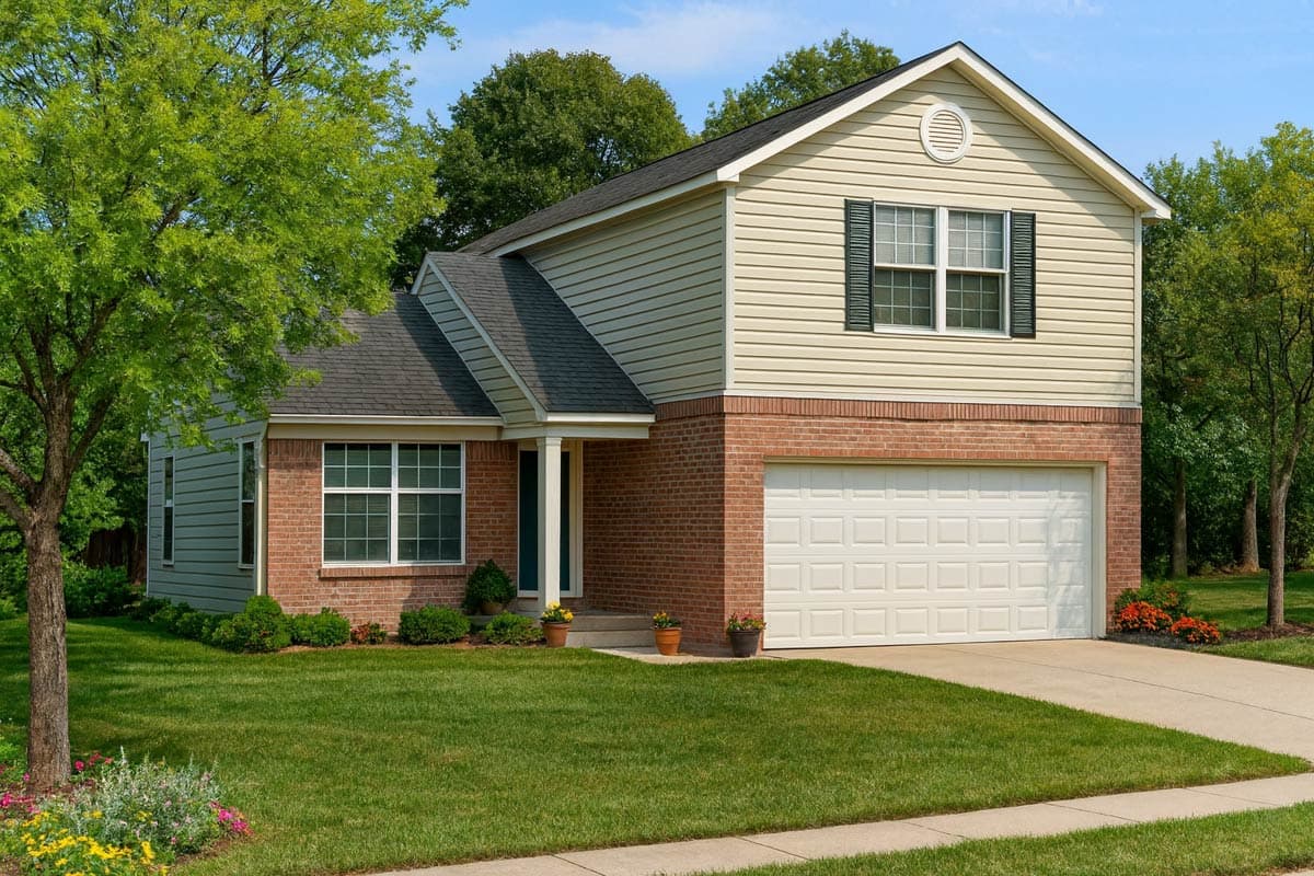 House plan exterior. Two-story home with brick and siding facade. Features include a front-facing garage, gabled roof, and small front porch.