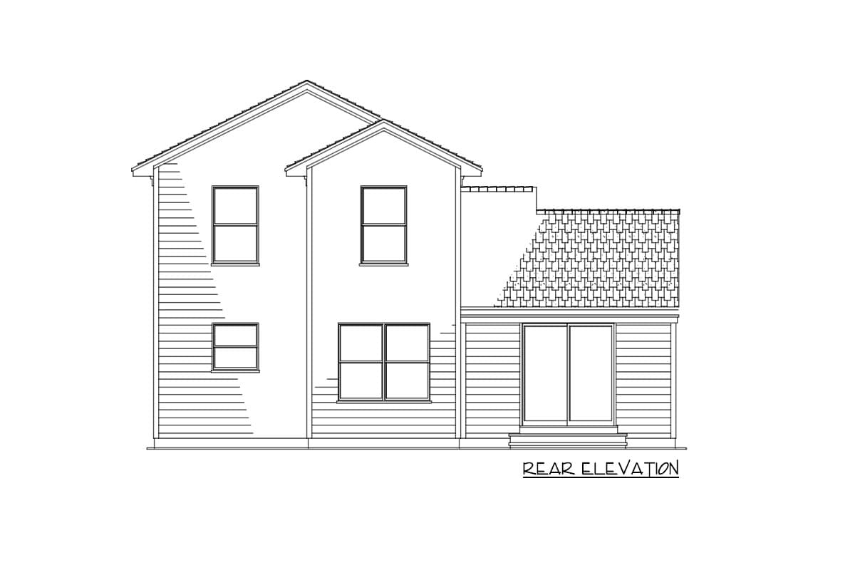 Rear elevation drawing of a two-story house with lap siding, multiple gables, and sliding glass doors.