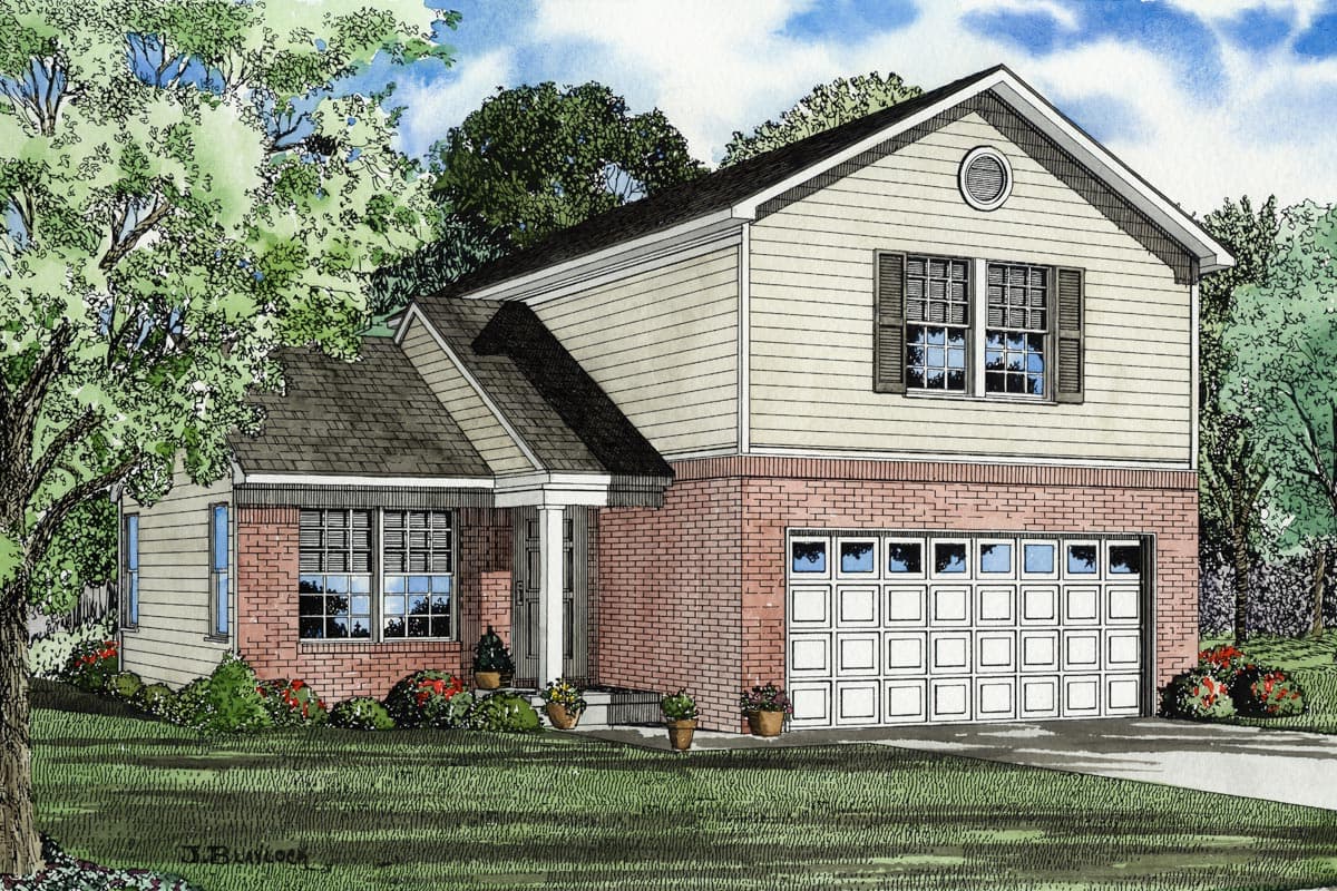 House plan exterior: Two-story home with brick lower level, siding upper, gabled roof, covered entry, and a two-car garage.
