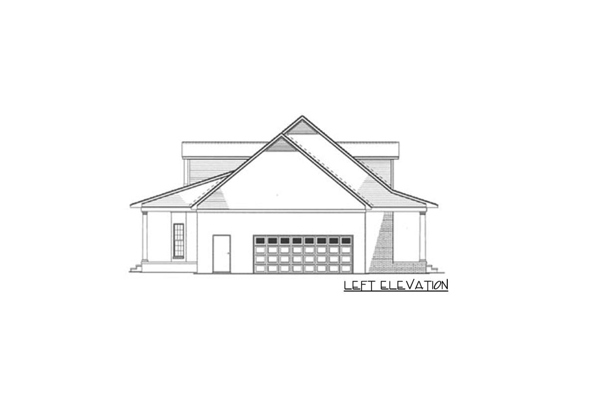 Left elevation house plan showing a multi-level roof, a three-car garage, a front door, and a window.
