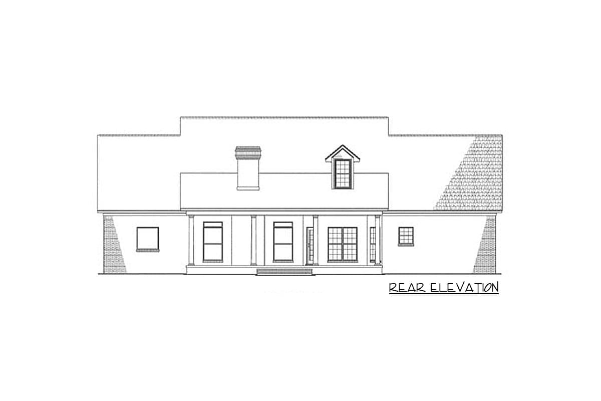 Rear elevation drawing of a house plan with a covered porch, dormer, and chimney.