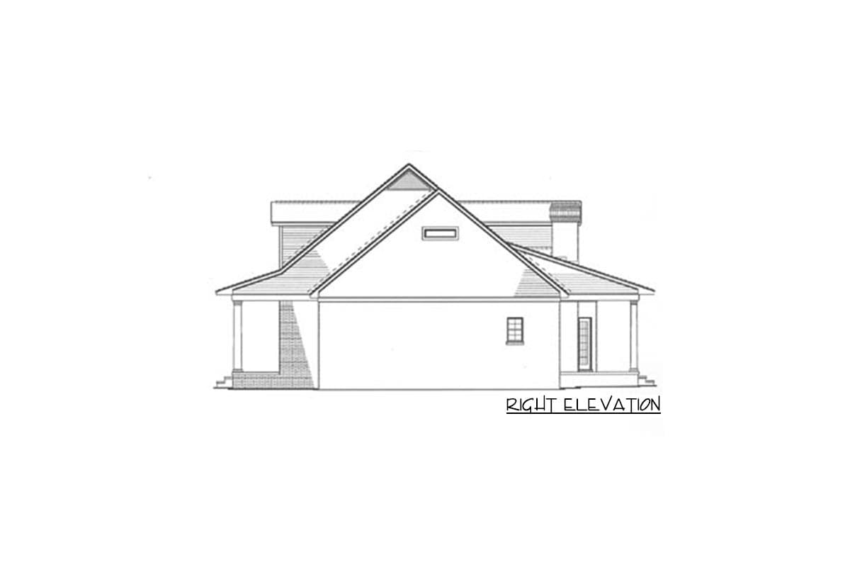 Right elevation house plan drawing featuring a gable roof, dormer, covered porch with columns, and brick base.