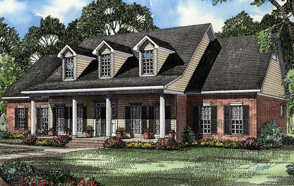 House plan exterior: Traditional style, one-story brick home with a wide covered porch, columns, and three dormer windows.