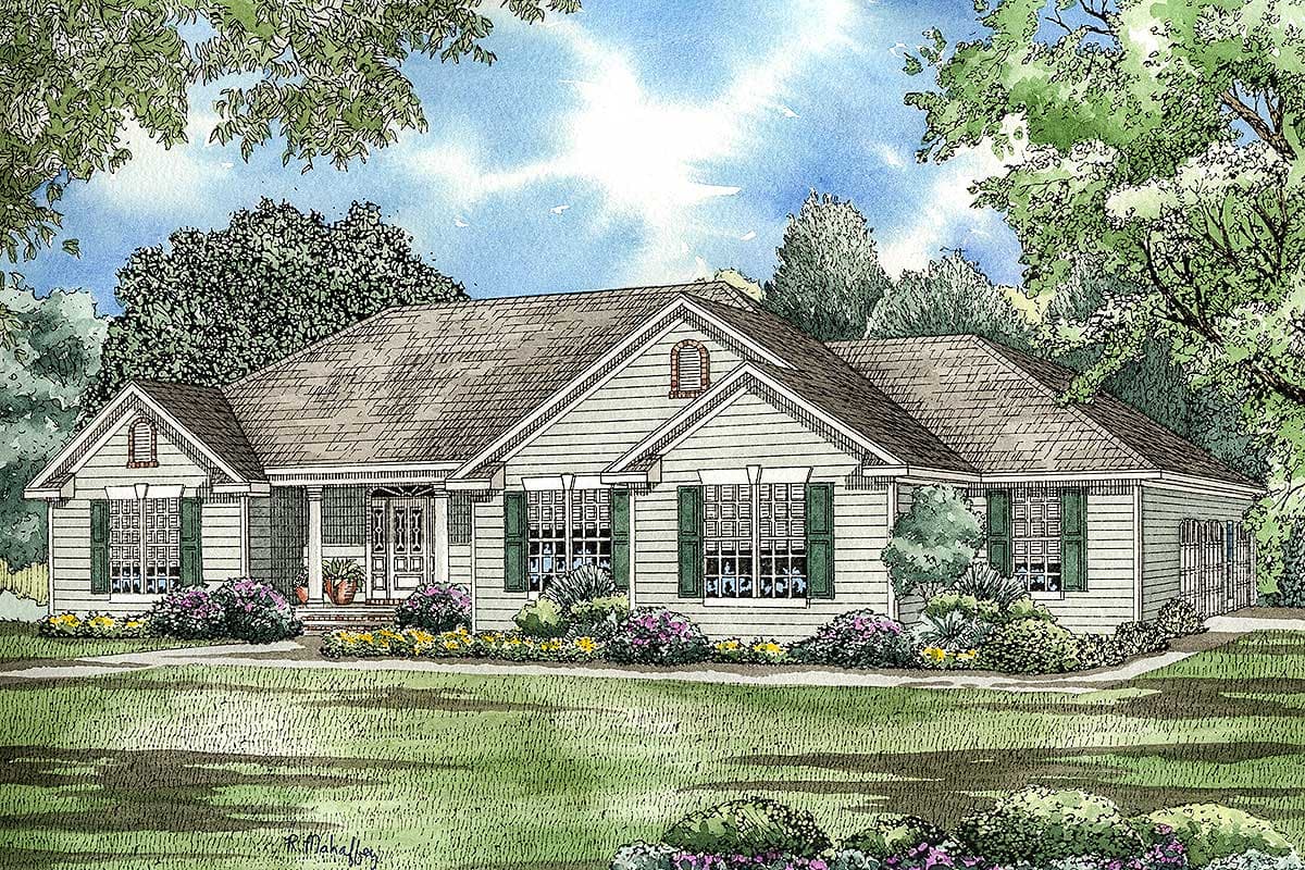 Ranch style house plan exterior with gabled dormer, covered entry porch, and two-car garage.