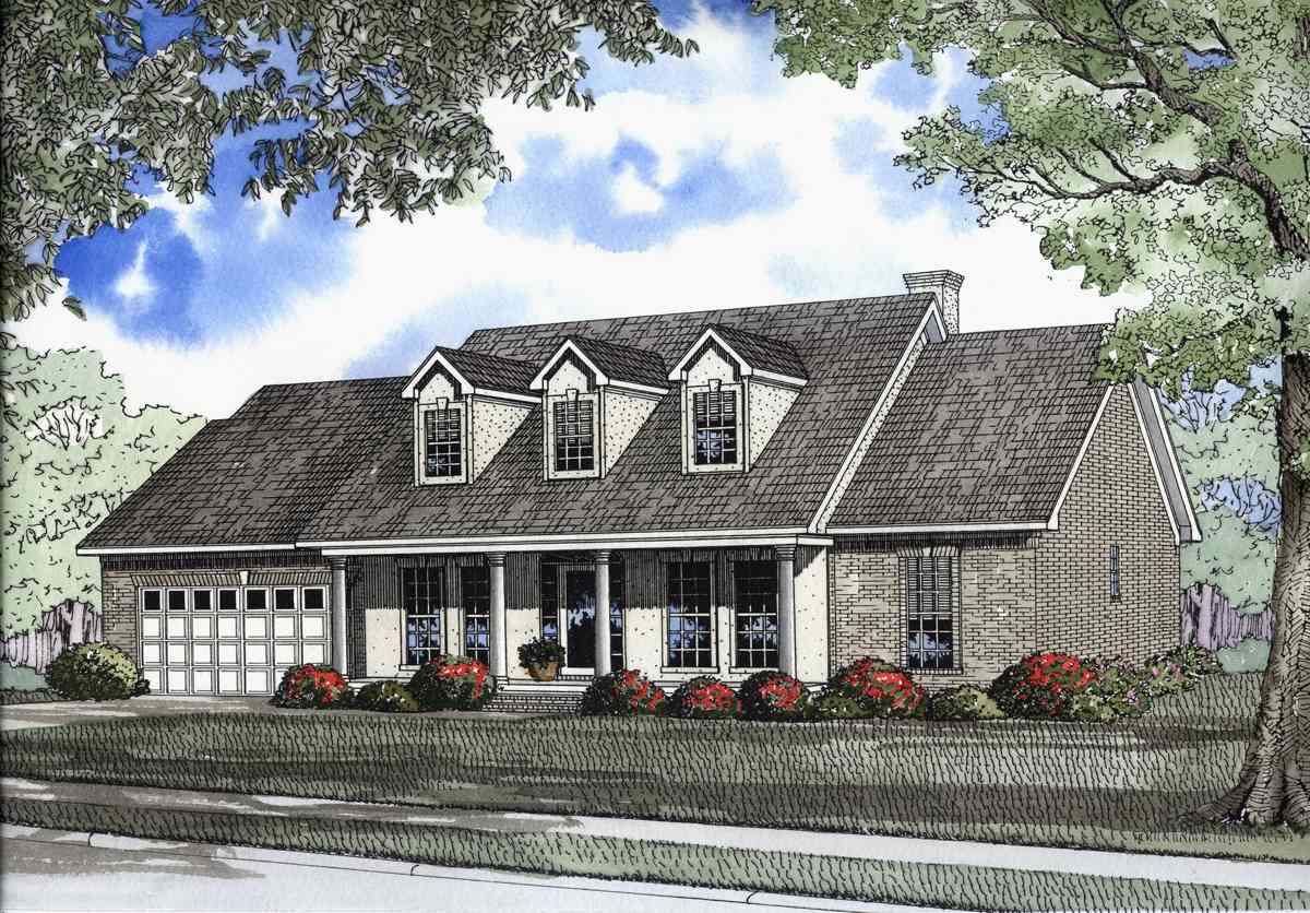 House plan exterior of a one-story brick home with a gabled roof, three dormers, and a central covered porch with columns.