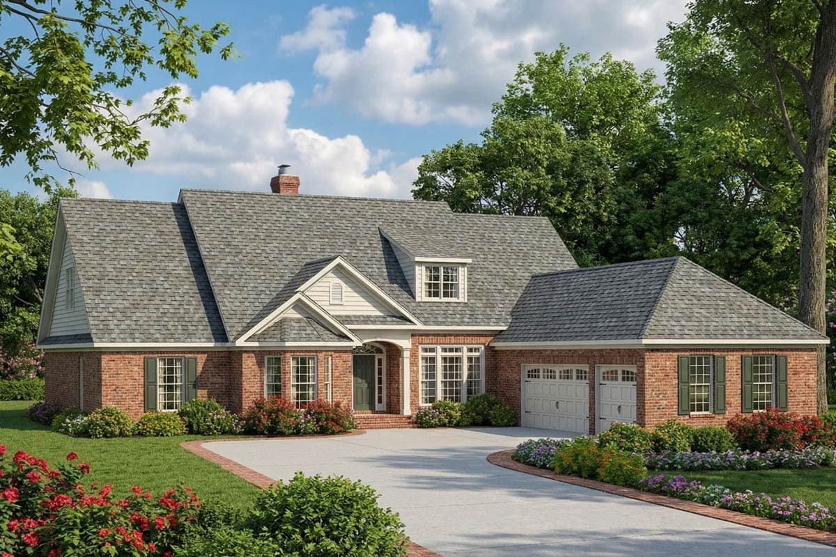 House plan exterior: Two-story brick home with a prominent gable, dormer, covered entryway, and attached two-car garage.