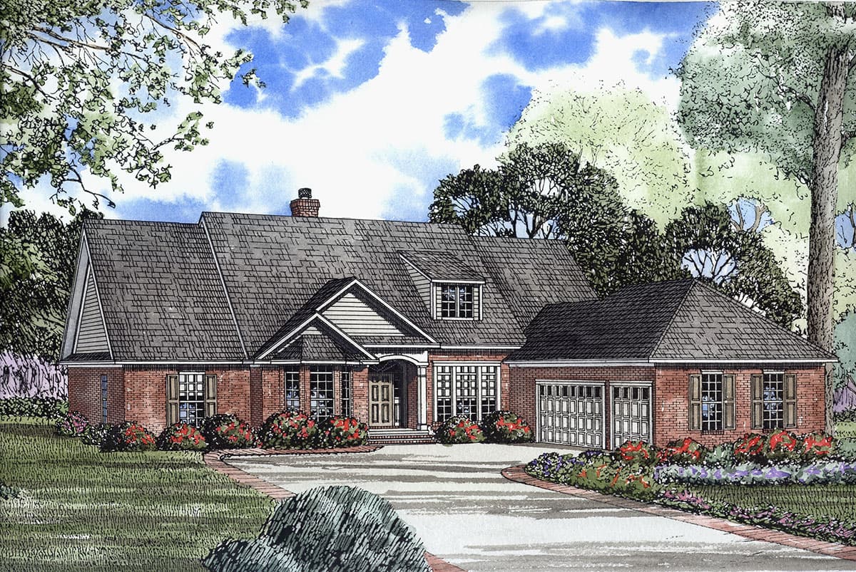House plan exterior: Brick home with a prominent gable over the entrance, dormer window, and attached two-car garage.